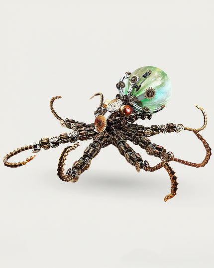 Table Funny DIY 3D puzzle: Highly detailed steampunk metal model octopus with bronze/dark metal body, green glass head dome, and intricate chain-link tentacles, premium Metal Kits piece for display 