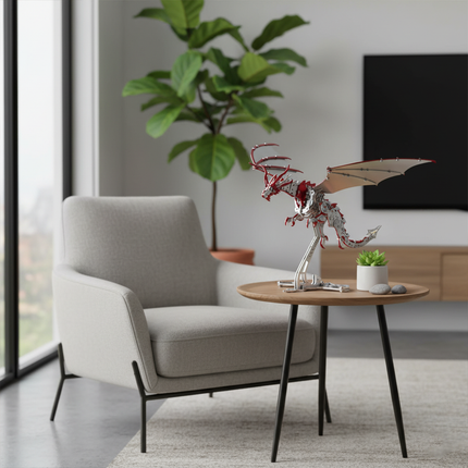 Modern living room with a metal dragon 3D puzzle model displayed on a wooden table, combining mechanical art and stylish home decor