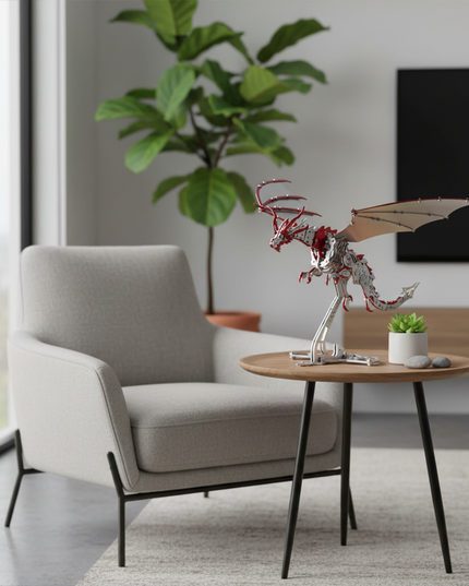 Modern living room with a metal dragon 3D puzzle model displayed on a wooden table, combining mechanical art and stylish home decor