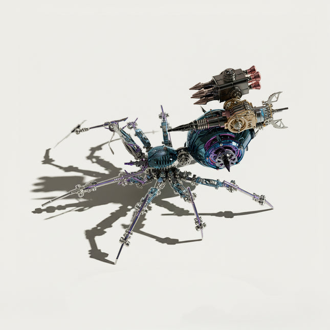 Table Funny 3D Puzzle Metal Kits Mechanical Spider Artwork - A futuristic creation for DIY enthusiasts, sci-fi/mechanical design lovers, and decor admirers, this piece from Table Funny is an intricate mechanical spider assembled from 3D puzzle metal kits. It features a multi-colored (teal, purple, metallic) articulated structure with exposed gear mechanics, poseable legs, and a mounted weapon-like accessory, paired with a cyberpunk-inspired industrial aesthetic