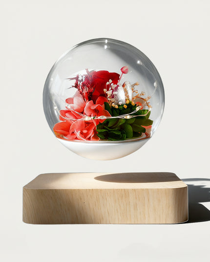 Table Funny Magnetic Levitation Preserved Flower Artwork - An innovative creation for gardening lovers, interior design enthusiasts, and tech admirers, this piece from Table Funny features a magnetic levitation preserved flower decor with a natural wooden base, delicate fairy light accents, and a vibrant preserved flower arrangement. Highlighted by its floating botanical sphere silhouette, magnetic levitation technology, colorful floral detailing, and organic wood texture integration