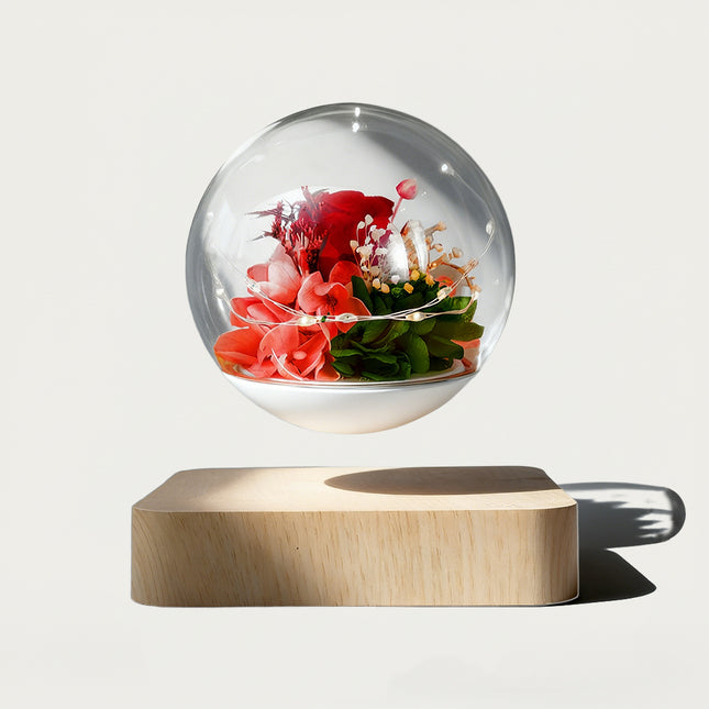 Table Funny Magnetic Levitation Preserved Flower Artwork - An innovative creation for gardening lovers, interior design enthusiasts, and tech admirers, this piece from Table Funny features a magnetic levitation preserved flower decor with a natural wooden base, delicate fairy light accents, and a vibrant preserved flower arrangement. Highlighted by its floating botanical sphere silhouette, magnetic levitation technology, colorful floral detailing, and organic wood texture integration