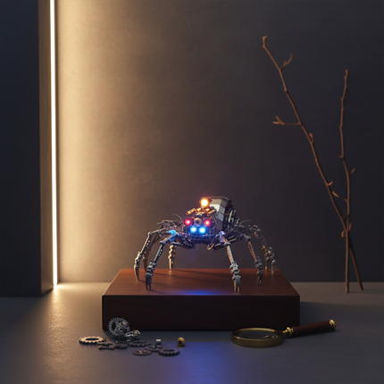  A luminous mechanical spider 3D puzzle metal model, a completed DIY metal kit, with glowing red and blue eyes, displayed on a wooden stand in a modern, subtly lit room. This metal model is a unique and funny table art piece, combining technology and nature.