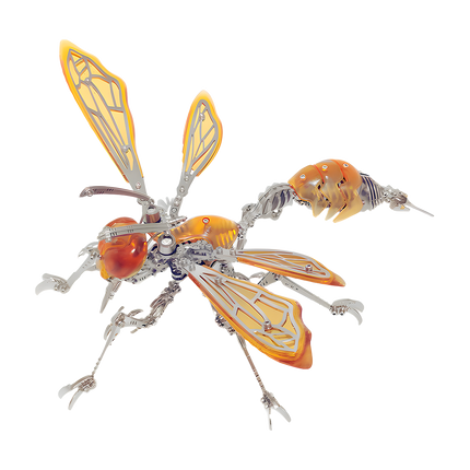 Isolated view of a mechanical 3D metal puzzle insect, highlighting its metallic components and translucent parts.