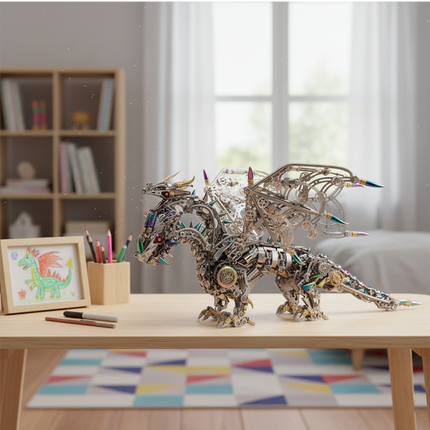  The captivating DIY metal model of the Hellish Three-Headed Dragon—an intriguing 3D assembly kit—takes center stage on a child's fun-filled desk, flanked by a dragon painting and art supplies to spark creativity.