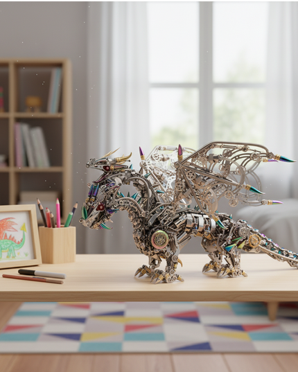  The captivating DIY metal model of the Hellish Three-Headed Dragon—an intriguing 3D assembly kit—takes center stage on a child's fun-filled desk, flanked by a dragon painting and art supplies to spark creativity.
