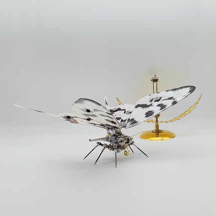 Assembled 3D puzzle metal kits - intricate white-yellow steampunk butterfly metal model, creative DIY funny table craft with gear details