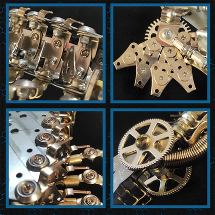 4-grid detail of high-difficulty DIY mechanical model: Connectors, gears & screws, showing the fun of assembling intricate parts