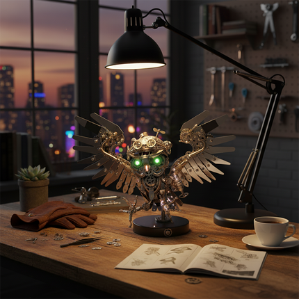 An illuminated steampunk mech owl maquette en metal with glowing green eyes and spread wings, prominently displayed on a wooden workbench. This intricate 3D metal model kit is surrounded by assembly tools, a cup of coffee, and an instruction manual, offering a captivating steampunk puzzle.