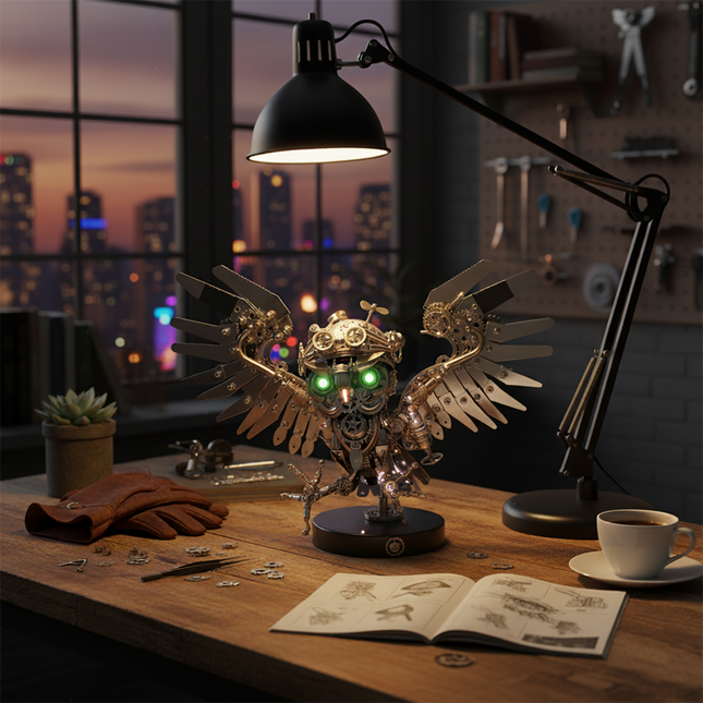An illuminated steampunk mech owl maquette en metal with glowing green eyes and spread wings, prominently displayed on a wooden workbench. This intricate 3D metal model kit is surrounded by assembly tools, a cup of coffee, and an instruction manual, offering a captivating steampunk puzzle.