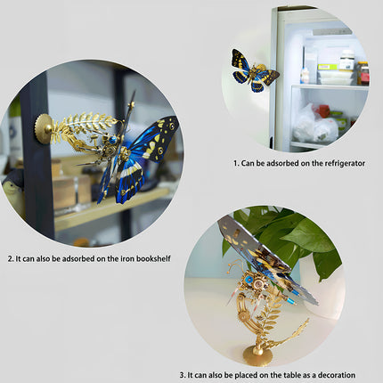 A versatile steampunk puzzle, a vibrant mechanical butterfly metal model with striking blue, yellow, and black wings, showcased in three different decorative uses. The images illustrate it (1) adsorbed on a refrigerator, (2) adsorbed on an iron bookshelf, and (3) placed on a table as a standalone decoration. This functional mechanical steampunk creation offers flexibility as a 3D puzzle Metal Kit or a multi-purpose steampunk mech accent for any home or office.