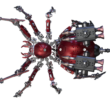 Top-down view of a red and gunmetal gray mechanical spider 3D metal puzzle, showcasing its intricate gears and articulated joints, a complex DIY model kit for adult hobbyists
