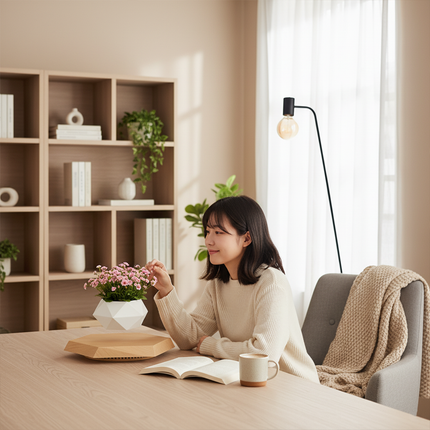 A young woman reads at home, surrounded by geometric-shaped flower pots. Pink succulent blooms float above a wooden octagonal base—modern magnetic levitation decor