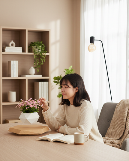 A young woman reads at home, surrounded by geometric-shaped flower pots. Pink succulent blooms float above a wooden octagonal base—modern magnetic levitation decor