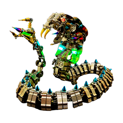 Steampunk King Cobra 3D Puzzle Metal Kit (Dynamic Duel Design) - A dramatic fun toy for mechanics and art enthusiasts, this DIY-assembled piece features a mechanical king cobra in a dynamic, interactive pose, with glowing red eyes, intricate gears, colorful luminous components, and spiked metallic scales. It embodies "a fusion of mechanical intensity and reptilian drama", challenging you to craft a theatrically striking piece of artistry with precision.