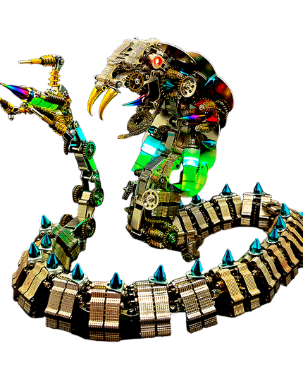 Steampunk King Cobra 3D Puzzle Metal Kit (Dynamic Duel Design) - A dramatic fun toy for mechanics and art enthusiasts, this DIY-assembled piece features a mechanical king cobra in a dynamic, interactive pose, with glowing red eyes, intricate gears, colorful luminous components, and spiked metallic scales. It embodies "a fusion of mechanical intensity and reptilian drama", challenging you to craft a theatrically striking piece of artistry with precision.