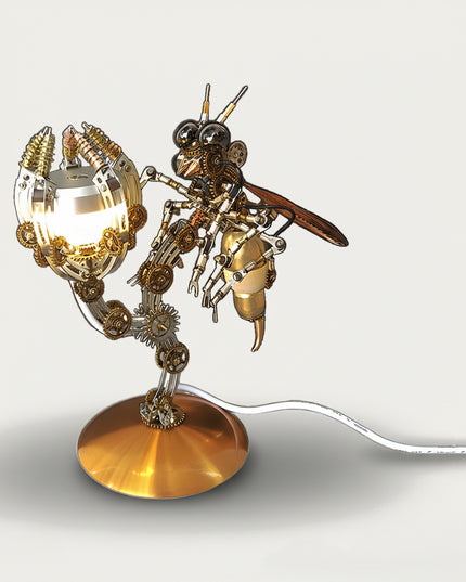 Table Funny DIY 3D puzzle Metal Kits: Steampunk mechanical bee desk lamp model, holding a glowing bulb with articulated claws, rich in gears and brass details. Excellent DIY metal model for the desktop.