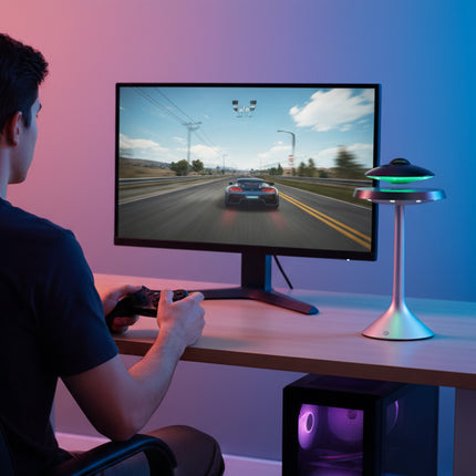Maglev UFO Bluetooth Speaker Hovers atop a silver pillar base with a color-changing halo Placed on a gaming desk—serves as an ambient table lamp and wireless speaker Perfect for gamer desks and as a creative gift