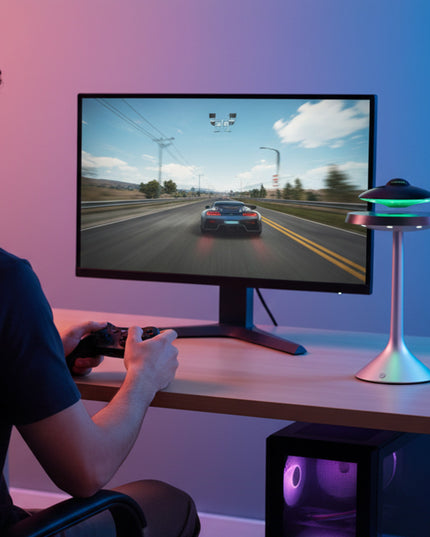 Maglev UFO Bluetooth Speaker Hovers atop a silver pillar base with a color-changing halo Placed on a gaming desk—serves as an ambient table lamp and wireless speaker Perfect for gamer desks and as a creative gift