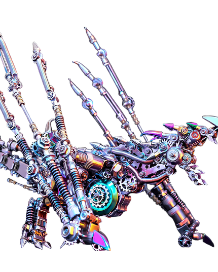 Detailed side profile of a metallic pterosaur model, showcasing its intricate internal gearing, shimmering iridescent body panels, and upward-stretching structural wings. This premium metal model offers an engaging DIY assembly experience, making it the perfect addition to any collection of 3D-assembled metal kits for those seeking captivating desktop aesthetics