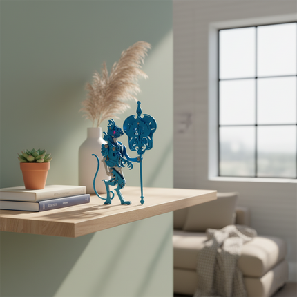 The blue metal 3D puzzle proudly displays on a floating stand, flanked by plants and vases. This unique DIY metal model adds a distinctive touch to any interesting desktop or decor