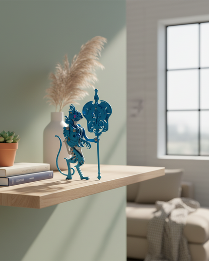 The blue metal 3D puzzle proudly displays on a floating stand, flanked by plants and vases. This unique DIY metal model adds a distinctive touch to any interesting desktop or decor