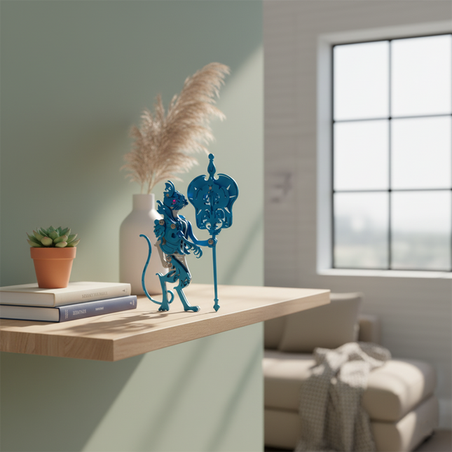 The blue metal 3D puzzle proudly displays on a floating stand, flanked by plants and vases. This unique DIY metal model adds a distinctive touch to any interesting desktop or decor