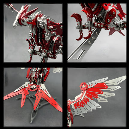 Quad panel display of a vibrant red and silver mechanical steampunk phoenix metal model, showcasing its intricate wing, tail, and body details, an impressive 3D puzzle from Metal Kits.