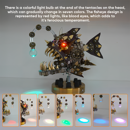 Steampunk anglerfish metal model showcasing its color-changing LED lure and fierce blood-red eyes, along with a gallery of seven color variations. This captivating DIY 3D puzzle from our Metal Kits creates a vibrant "funny table" display, a truly "table funny" and dynamic metal model