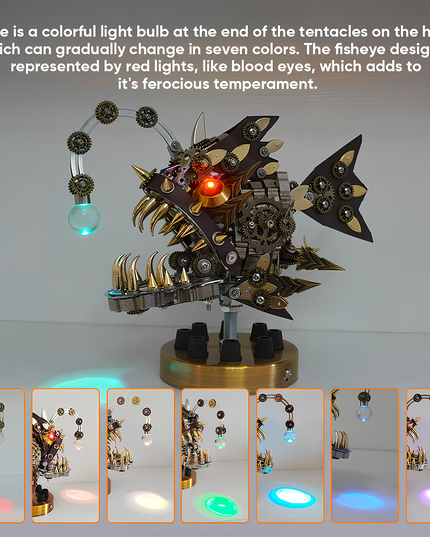 Steampunk anglerfish metal model showcasing its color-changing LED lure and fierce blood-red eyes, along with a gallery of seven color variations. This captivating DIY 3D puzzle from our Metal Kits creates a vibrant "funny table" display, a truly "table funny" and dynamic metal model
