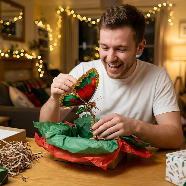 Festive unboxing of a steam punk mech butterfly, a premium metal model perfect for holiday surprises and DIY hobbyists.