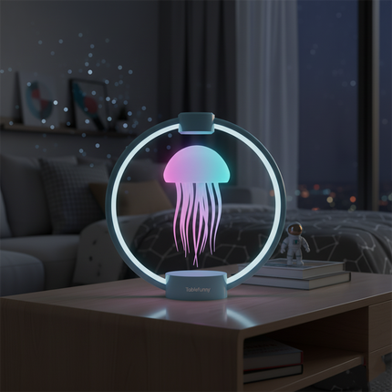  Glowing levitating jellyfish lamp illuminating a modern bedside or coffee table, adding a whimsical touch to any funny table decor. Features a vibrant, colorful jellyfish design.