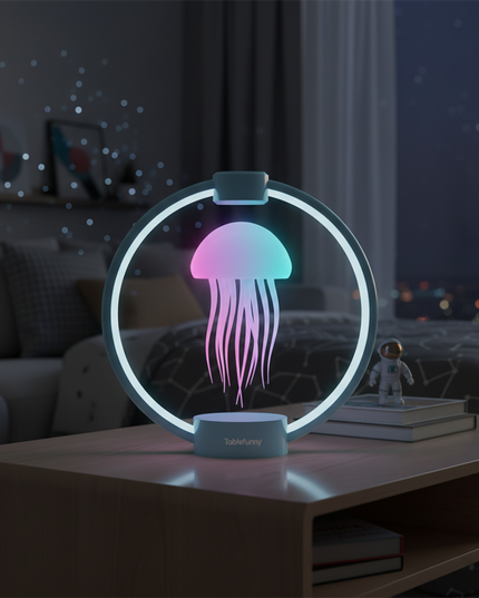 Tablefunny Colorful Magnetic Levitation Jellyfish Lamp - 360° Rotating Dimmable Ambient Night Light (Blue/Light Wood Grain Base)