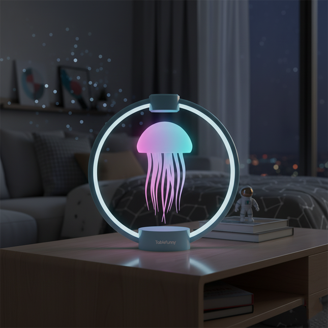  Glowing levitating jellyfish lamp illuminating a modern bedside or coffee table, adding a whimsical touch to any funny table decor. Features a vibrant, colorful jellyfish design.