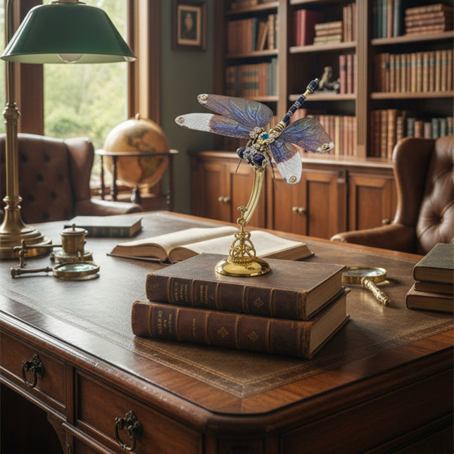 Elegant metal dragonfly model, a beautifully crafted maquette en metal, displayed on a stack of antique books in a classic study. Surrounded by a globe and bookshelves, this intricate metal 3D puzzle adds a touch of sophistication to any collection.
