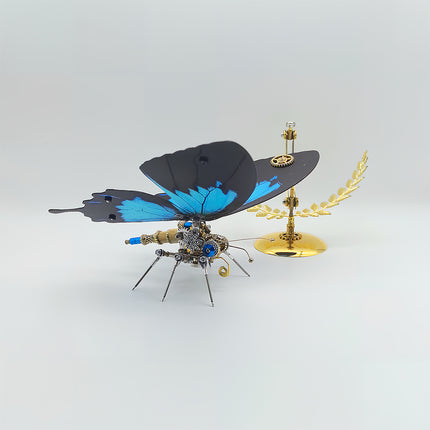 Funny table ornament - finished DIY 3D puzzle metal model (steampunk blue butterfly) from metal kits, decorative mechanical insect for desk
