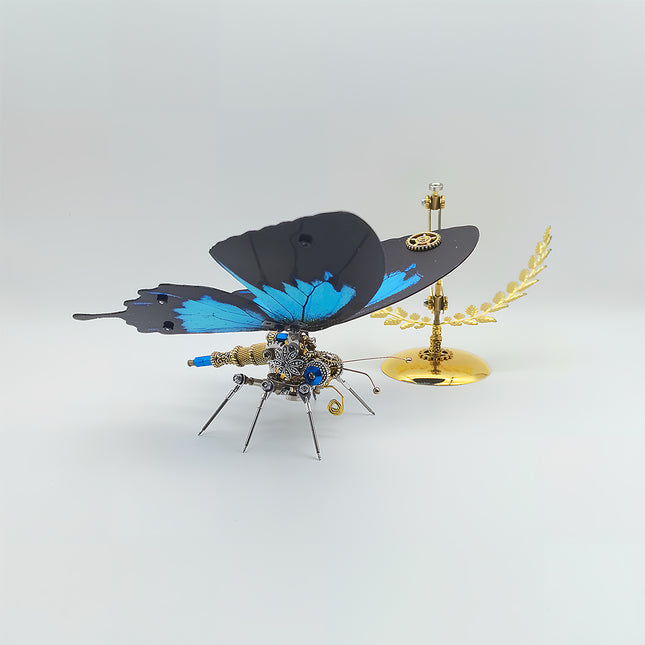 Funny table ornament - finished DIY 3D puzzle metal model (steampunk blue butterfly) from metal kits, decorative mechanical insect for desk