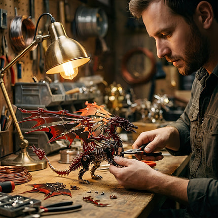 Close-up of a steam punk mech dragon being built in a workshop, highlighting the detailed mechanical steampunk wings and body.