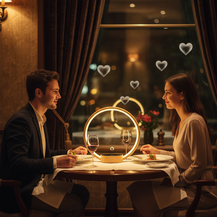 Romantic candlelit dinner for two with a magnetic levitation orb floating inside a warm LED halo ring on a wood-grain base – modern anti-gravity mood light