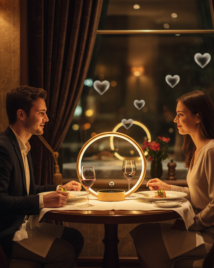 Romantic candlelit dinner for two with a magnetic levitation orb floating inside a warm LED halo ring on a wood-grain base – modern anti-gravity mood light