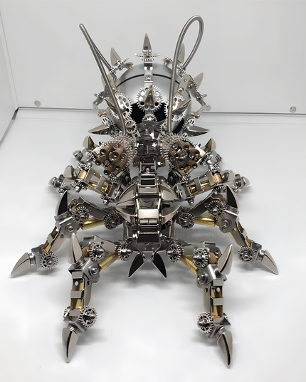 Featuring a mechanical insect design with a symmetrical gear-driven mechanism, this model is meticulously crafted from a DIY metal assembly kit 3D puzzle. This polished metal model adds a touch of mechanical beauty to your creative workspace—available at tablefunny.com