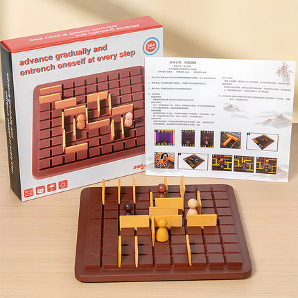 Complete set of "Advance Gradually and Entrench Oneself at Every Step" board game, featuring the game box, detailed instructions, and a ready-to-play setup on a funny table surface, ideal for strategic puzzle lovers