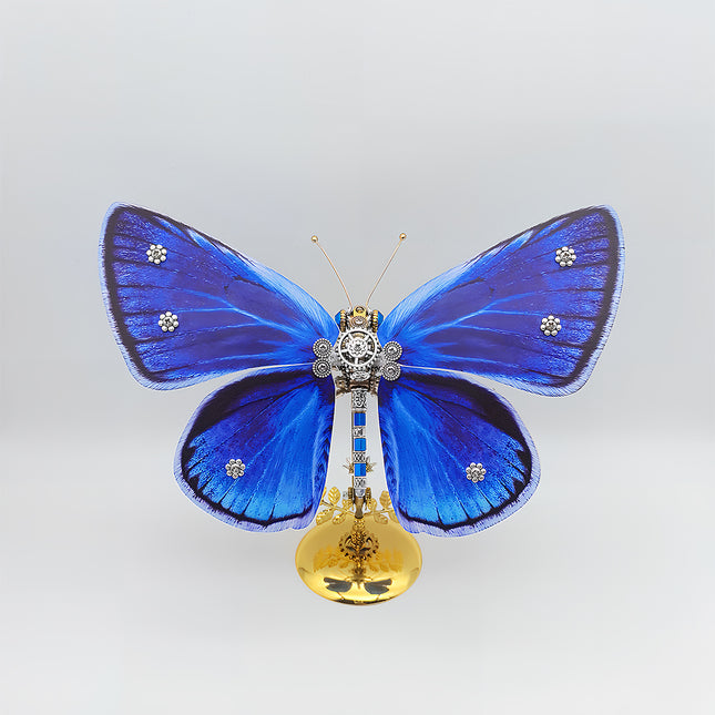Opulent 3D puzzle metal kits of gem-embellished mechanical butterfly - finished diy funny table ornament ideal for elegant home decor, creative workspace displays & premium craft presents, featuring vivid blue wings & elaborate gear details