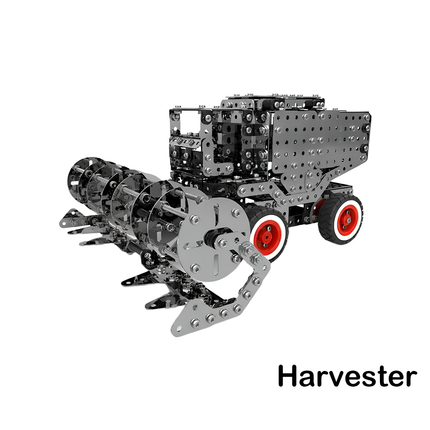 Mechanical harvester metal model constructed from polished steel parts and bolts — a DIY 3D puzzle Metal Kit from tablefunny blending engineering design and funny table creativity