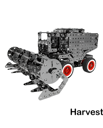 Mechanical harvester metal model constructed from polished steel parts and bolts — a DIY 3D puzzle Metal Kit from tablefunny blending engineering design and funny table creativity