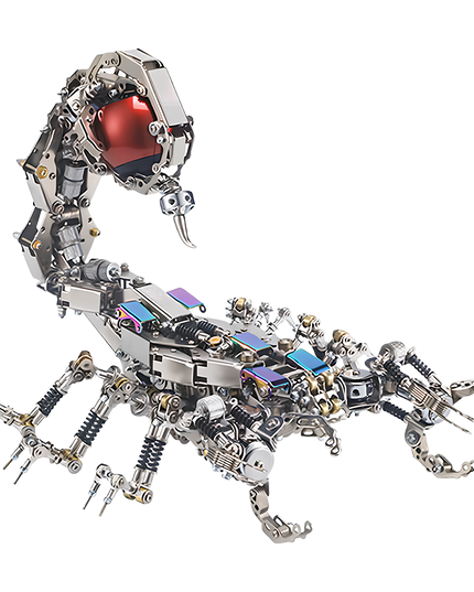 Table Funny Steampunk Mechanical Scorpion 3D Puzzle Metal Kit- A standout offering for engineers, steampunk aficionados, and creative hobbyists, this piece showcases a mechanical scorpion with metallic components, precision-engineered gear systems, and retro-futuristic styling highlighted by a striking red element. Displayed against a transparent canvas to emphasize its polished, intricate craftsmanship, it’s a Table Funny signature showpiece for desks that merges technical accuracy