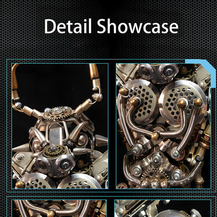 Detail Showcase of a DIY 3D puzzle Metal Kits, highlighting the intricate face and chest design with gears and springs. A perfect funny table project for those who appreciate complex metal model construction