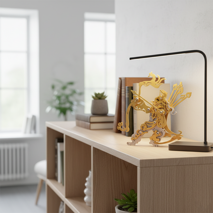 A golden DIY 3D puzzle metal kit of the King Cat metal model, beautifully illuminated by light on a wooden bookshelf, creates a warm and cozy atmosphere. This unique metal model makes a perfect whimsical tabletop accent, a thoughtful gift for astrology enthusiasts, or a distinctive display piece