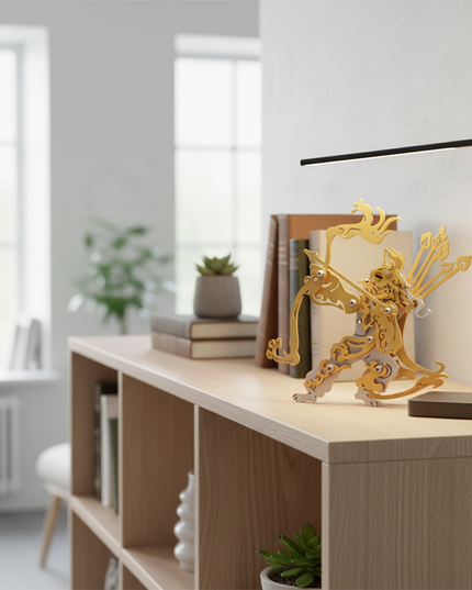 A golden DIY 3D puzzle metal kit of the King Cat metal model, beautifully illuminated by light on a wooden bookshelf, creates a warm and cozy atmosphere. This unique metal model makes a perfect whimsical tabletop accent, a thoughtful gift for astrology enthusiasts, or a distinctive display piece