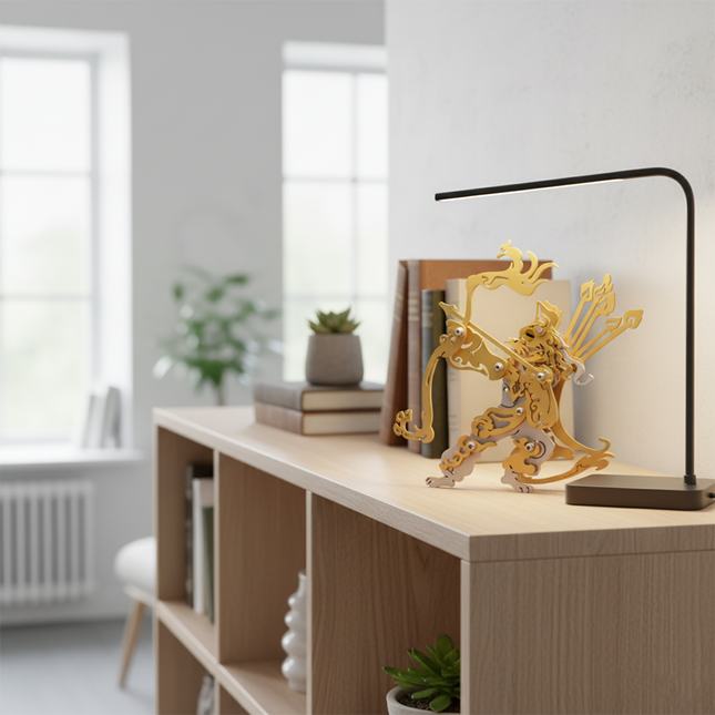 A golden DIY 3D puzzle metal kit of the King Cat metal model, beautifully illuminated by light on a wooden bookshelf, creates a warm and cozy atmosphere. This unique metal model makes a perfect whimsical tabletop accent, a thoughtful gift for astrology enthusiasts, or a distinctive display piece